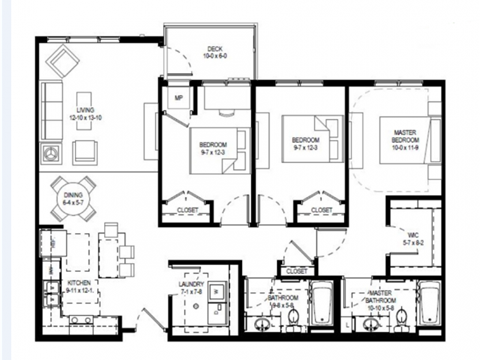 Floor plan for 3 beds, 2 baths, 1294 sqft