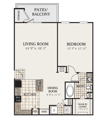 Floor plan for 1 bed, 1 bath, 784 sqft