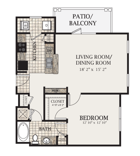 Floor plan for 1 bed, 1 bath, 798 sqft