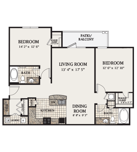 Floor plan for 2 beds, 2 baths, 1123 sqft