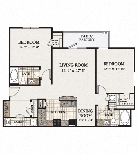 Floor plan for 2 beds, 2 baths, 1123 sqft