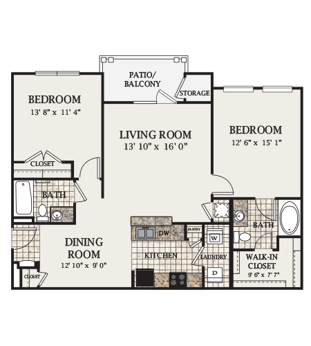 Floor plan for 2 beds, 2 baths, 1120 sqft