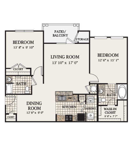 Floor plan for 2 beds, 2 baths, 1120 sqft