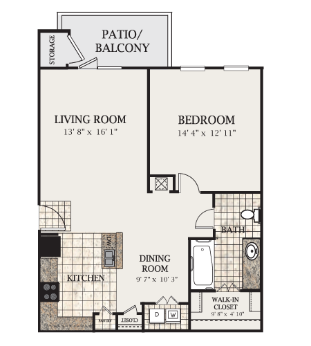 Floor plan for 1 bed, 1 bath, 784 sqft