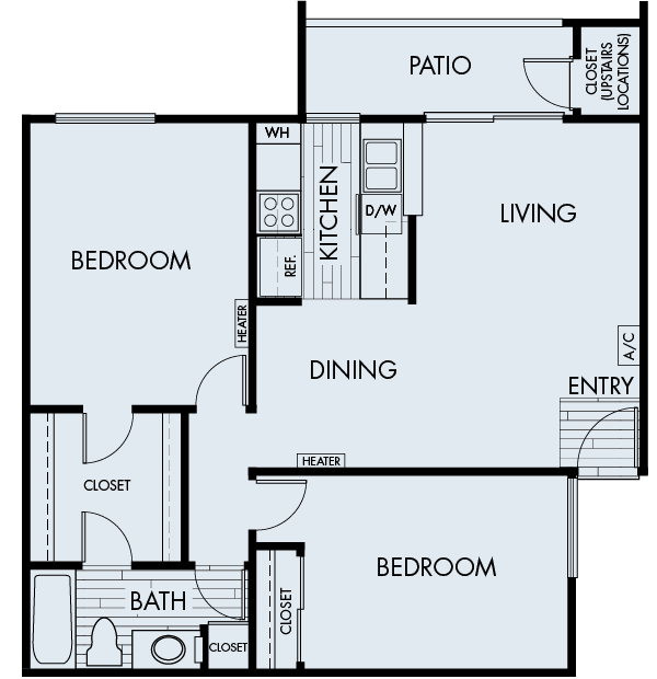 Floor plan for 2 beds, 1 bath, 912 sqft