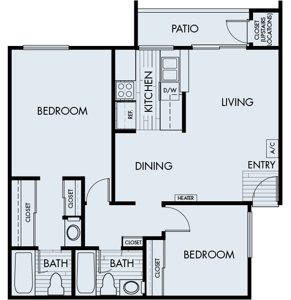 Floor plan for 2 beds, 2 baths, 912 sqft