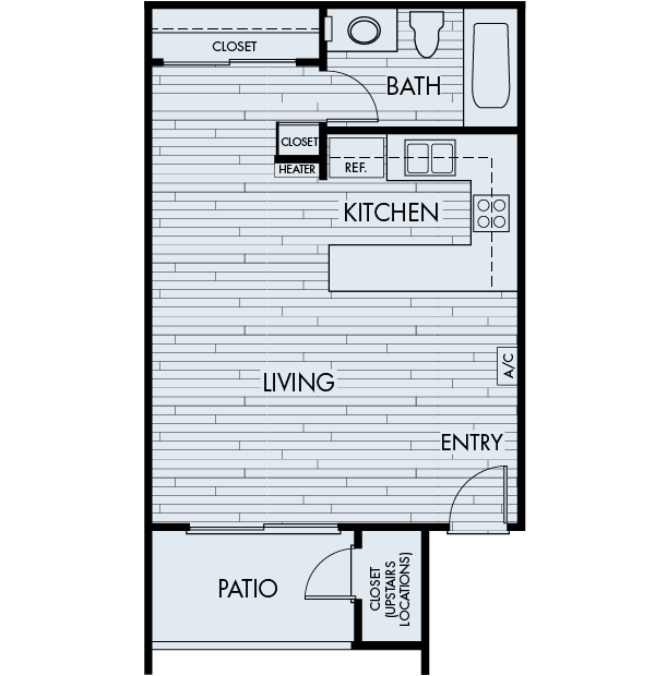 Floor plan for studio, 1 bath, 379 sqft