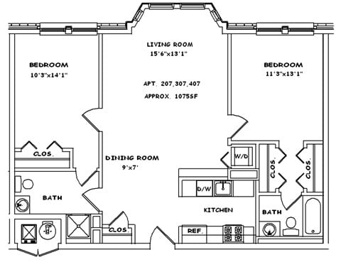 Floor plan for 2 beds, 2 baths, 1090 sqft