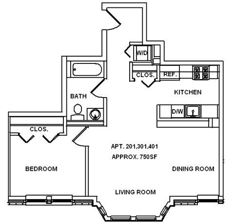 Floor plan for 1 bed, 1 bath, 750 sqft