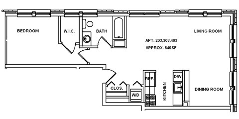 Floor plan for 1 bed, 1 bath, 850 sqft