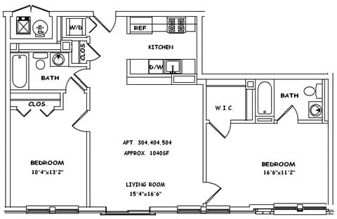 Floor plan for 2 beds, 2 baths, 1040 sqft