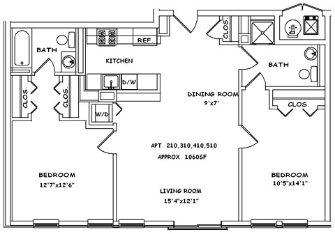 Floor plan for 2 beds, 2 baths, 1015 sqft