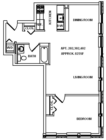 Floor plan for 1 bed, 1 bath, 825 sqft