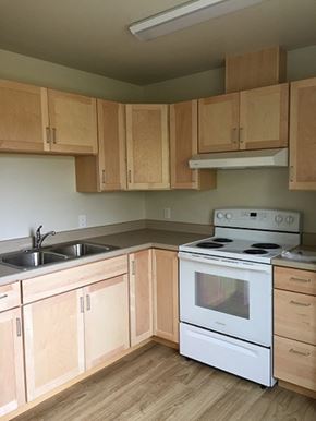 Kalispell apartment for rent - Image of stove, range hood, cabinets, sink, and counter space