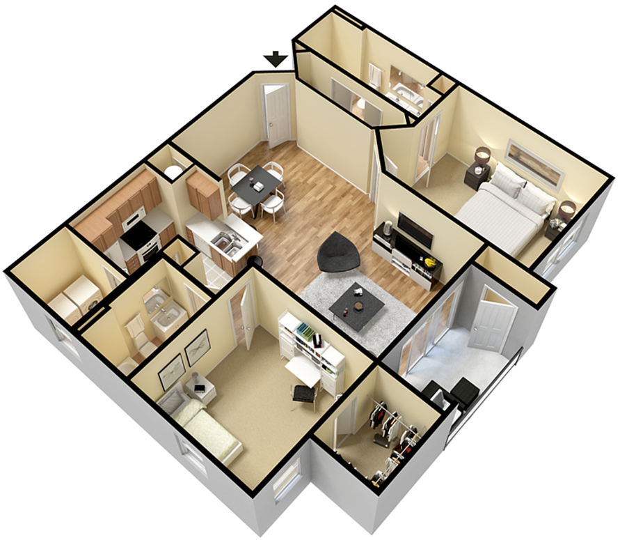 Floor plan for 2 beds, 2 baths, 1160 sqft