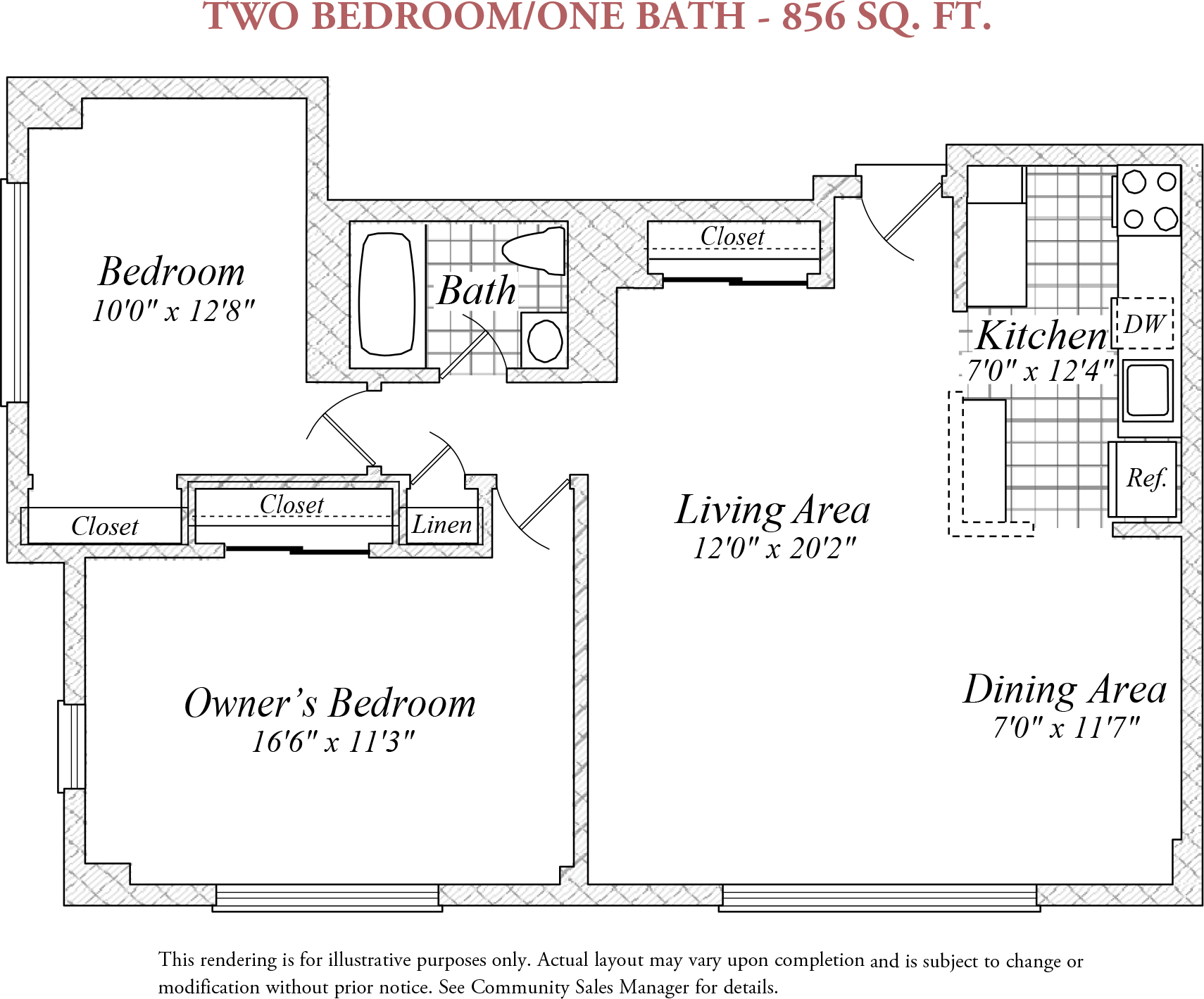 Floor plan for 2 beds, 1 bath, 856 sqft