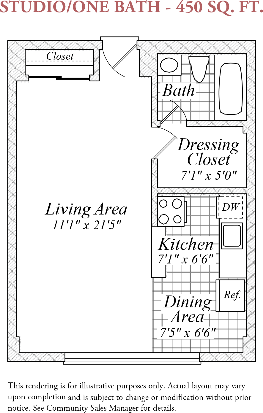 Floor plan for studio, 1 bath, 430 sqft
