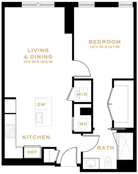 Floor plan for 1 bed, 1 bath, 719 sqft