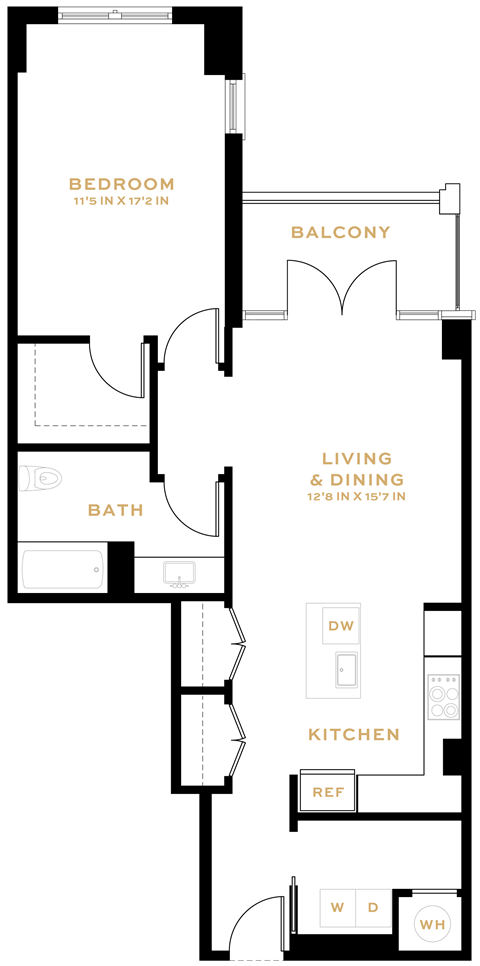 Floor plan for 1 bed, 1 bath, 891 sqft