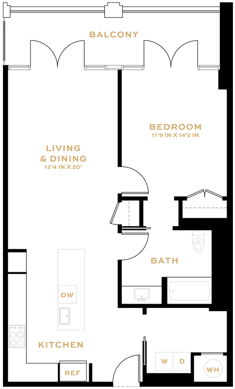 Floor plan for 1 bed, 1 bath, 895 sqft