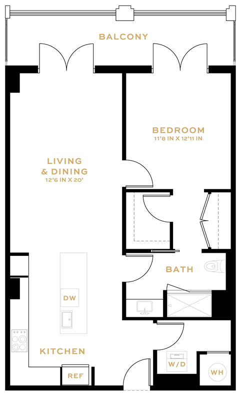 Floor plan for 1 bed, 1 bath, 898 sqft
