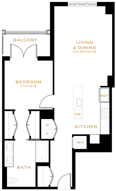 Floor plan for 1 bed, 1 bath, 810 sqft