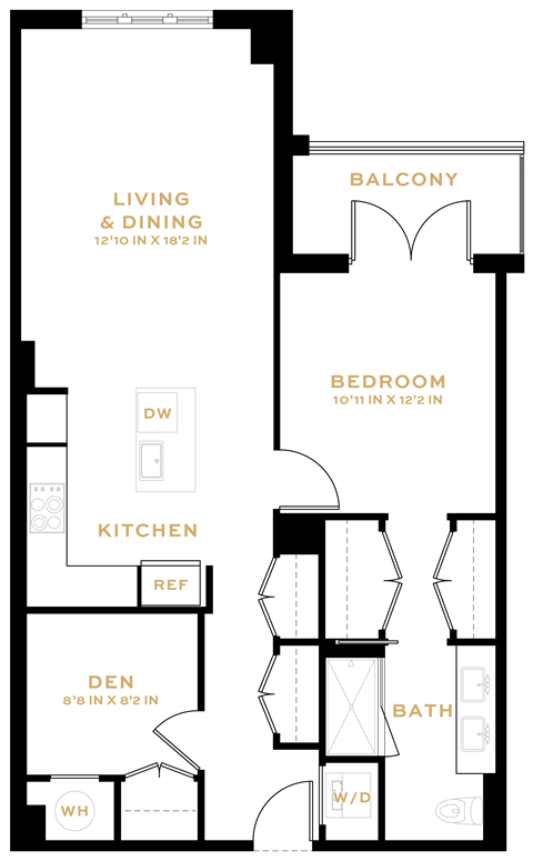 Floor plan for 1 bed, 1 bath, 880 sqft