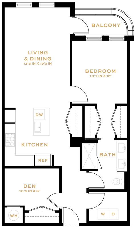 Floor plan for 1 bed, 1 bath, 929 sqft