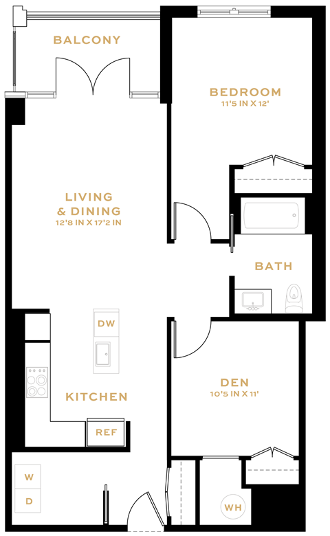 Floor plan for 1 bed, 1 bath, 945 sqft