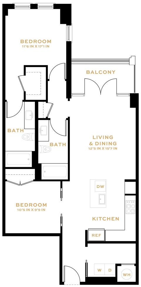Floor plan for 2 beds, 2 baths, 986 sqft