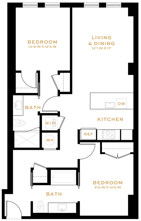 Floor plan for 2 beds, 2 baths, 1041 sqft