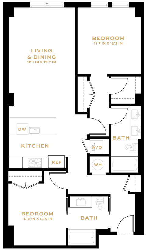 Floor plan for 2 beds, 2 baths, 1079 sqft
