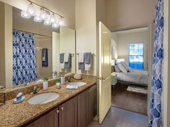 Granite countertops, large mirror and sink in bathroom