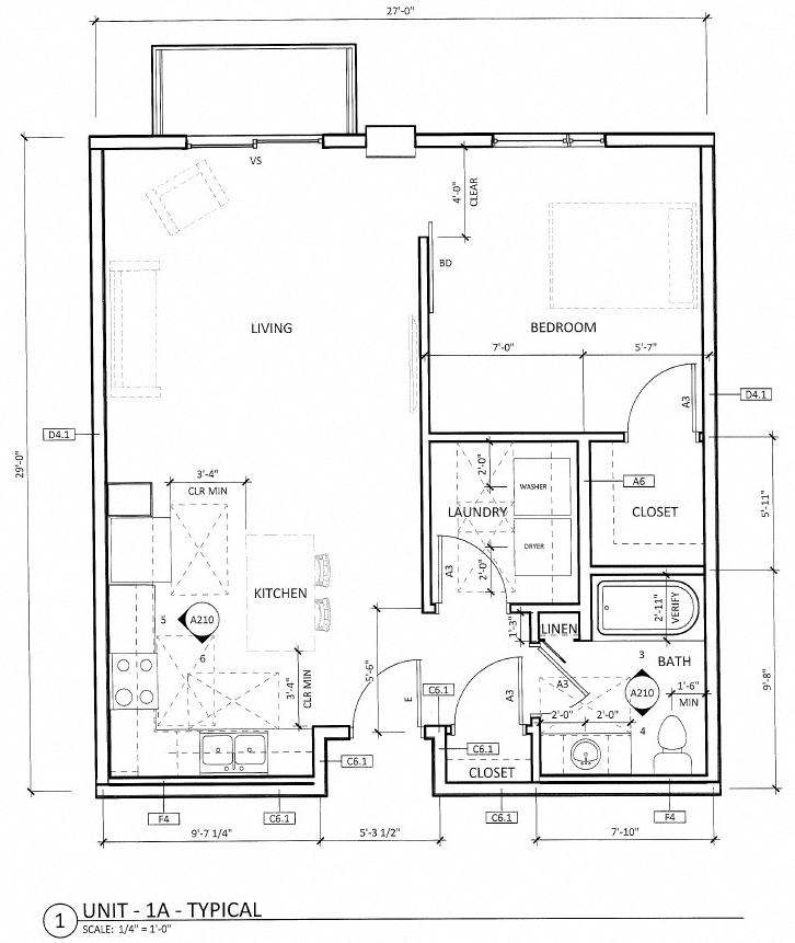 Floor plan for 1 bed, 1 bath, 725 sqft