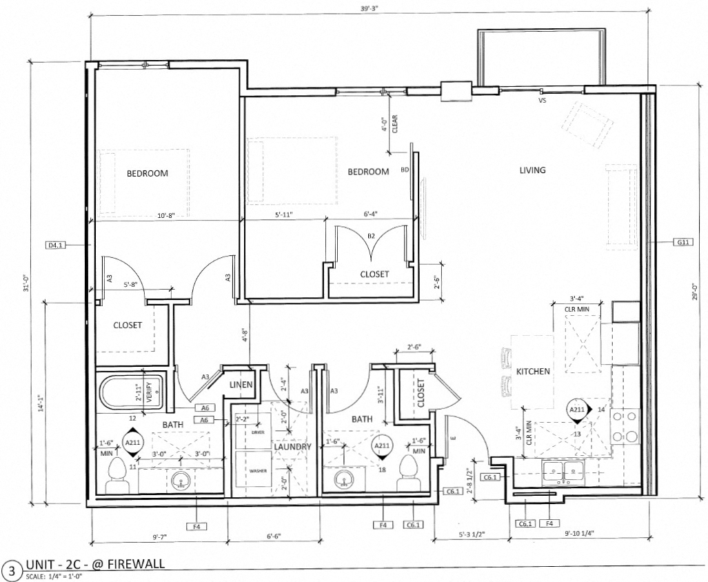Floor plan for 2 beds, 1.5 baths, 1081 sqft