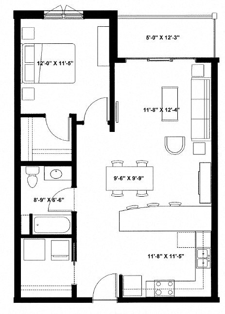 Floor plan for 1 bed, 1 bath, 852 sqft