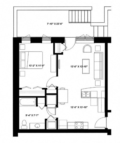 Floor plan for 1 bed, 1 bath, 749 sqft