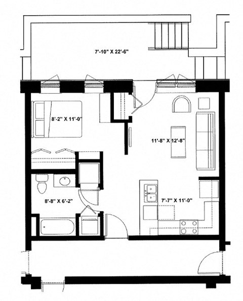 Floor plan for 1 bed, 1 bath, 587 sqft