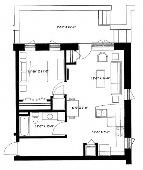 Floor plan for 1 bed, 1 bath, 754 sqft