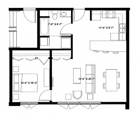 Floor plan for 1 bed, 1 bath, 769 sqft