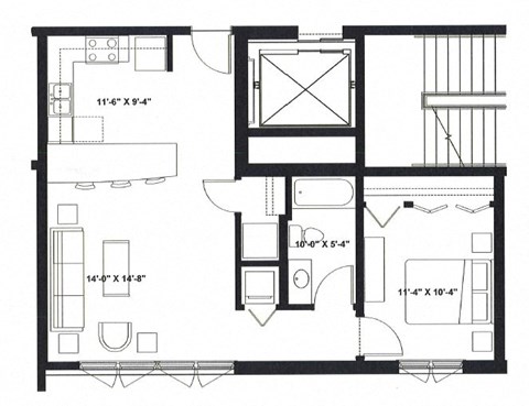 Floor plan for 1 bed, 1 bath, 724 sqft