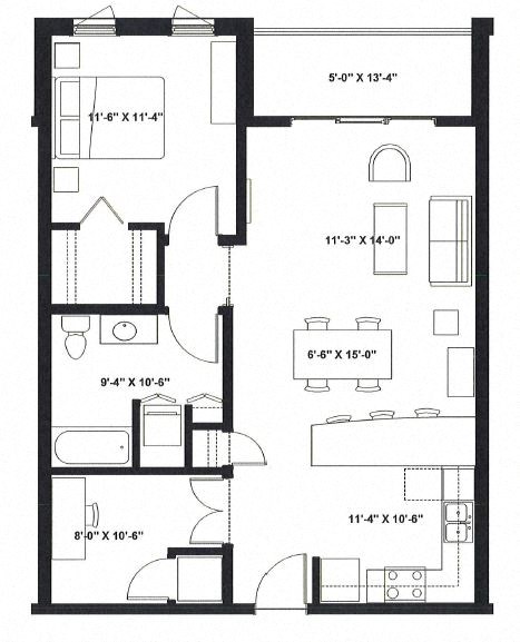 Floor plan for 1 bed, 1 bath, 887 sqft