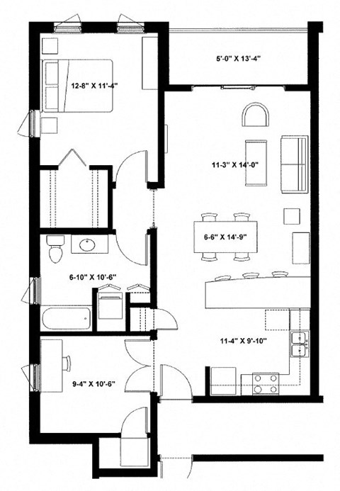 Floor plan for 1 bed, 1 bath, 974 sqft