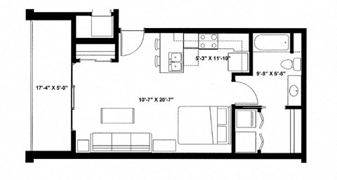 Floor plan for studio, 1 bath, 513 sqft