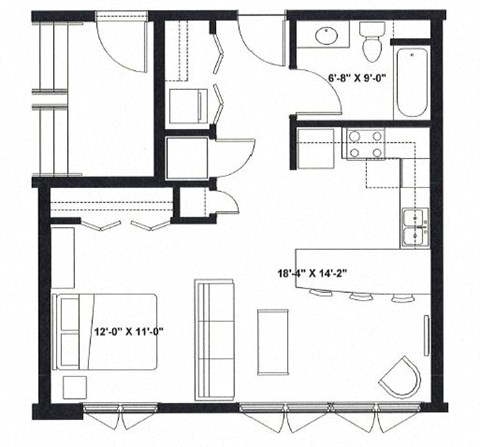 Floor plan for studio, 1 bath, 602 sqft