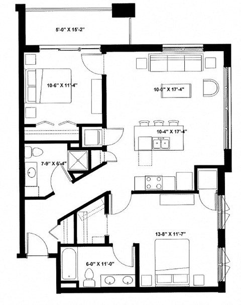 Floor plan for 2 beds, 2 baths, 1055 sqft
