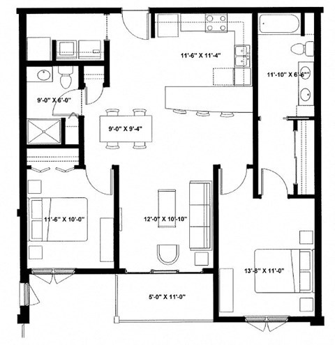 Floor plan for 2 beds, 2 baths, 1112 sqft