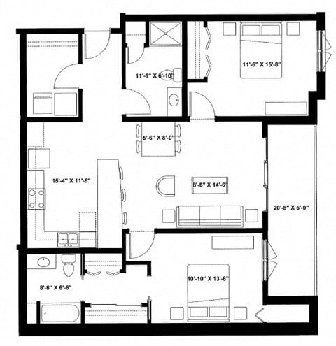 Floor plan for 2 beds, 2 baths, 1230 sqft