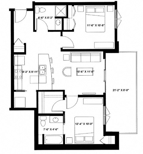 Floor plan for 2 beds, 2 baths, 917 sqft