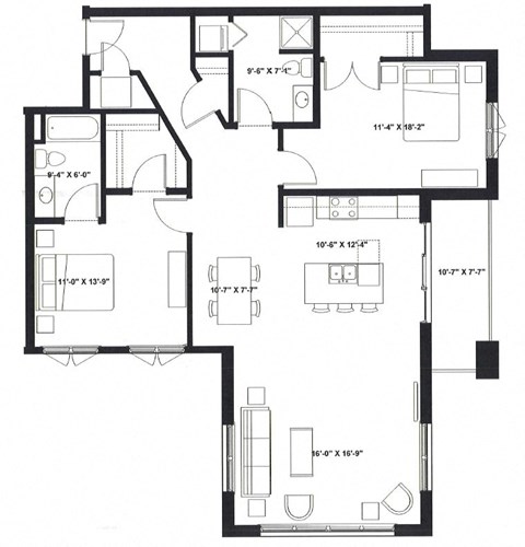 Floor plan for 2 beds, 2 baths, 1435 sqft